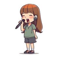 carino poco ragazza cantando karaoke con microfono. vettore illustrazione.