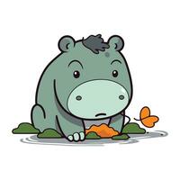 ippopotamo seduta su il terra e mangiare carota vettore illustrazione.