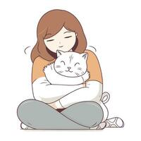 illustrazione di un' ragazza con un' gatto su un' bianca sfondo. vettore