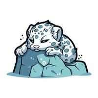 carino cartone animato neve leopardo addormentato su un' roccia. vettore illustrazione.