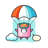 Il fumetto della mascotte di marshmallow sta facendo paracadutismo con un gesto felice vettore