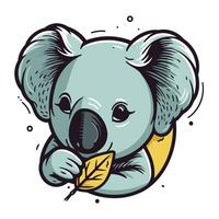 carino cartone animato koala con un' foglia nel suo bocca. vettore illustrazione.