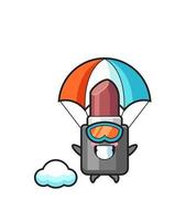 il fumetto della mascotte del rossetto sta facendo paracadutismo con un gesto felice vettore