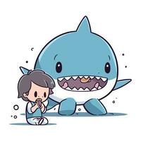 illustrazione di un' poco ragazzo pianto e giocando con un' squalo vettore