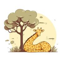 cartone animato giraffa seduta sotto un' albero. vettore illustrazione nel piatto stile.