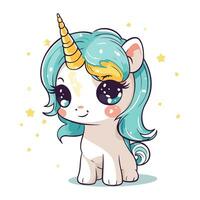 carino cartone animato unicorno con blu capelli e stelle. vettore illustrazione.