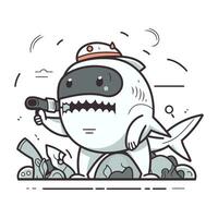 cartone animato squalo con un' pistola nel il suo mano. vettore illustrazione.