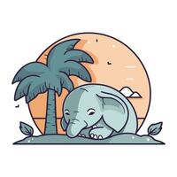 carino elefante addormentato su il spiaggia con palma alberi. vettore illustrazione.