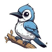 cartone animato blu uccello su un' ramo. vettore illustrazione isolato su bianca sfondo.