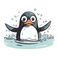 carino pinguino nuoto nel acqua. mano disegnato vettore illustrazione.