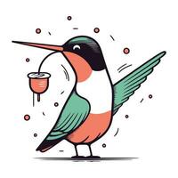 carino cartone animato colibrì con un' bicchiere di vino. vettore illustrazione.