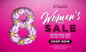 Progettazione di vendita del giorno delle donne con il bello fiore variopinto su fondo rosa. vettore