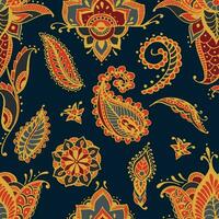 luminosa senza soluzione di continuità modello con paisley mehndi elementi. mano disegnato sfondo con floreale tradizionale indiano ornamento su buio sfondo. vettore