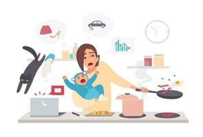 occupato madre con bambino, multitasking donna. maternità cartone animato piatto illustrazione. vettore