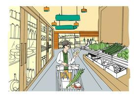 supermercato interno con acquirente ragazza. drogheria negozio, mano disegnato colorato illustrazione. vettore