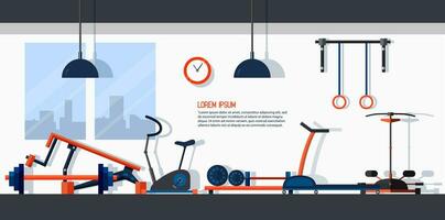 orizzontale bandiera con Palestra interno. fondale con gli sport attrezzature. colorato vettore modello nel piatto stile con posto per testo.
