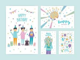 contento compleanno carte impostare. collezione di cartone animato cartoline. vettore