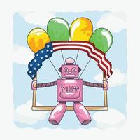 personaggio robot volante con palloncini per festeggiare il compleanno dell'america vettore