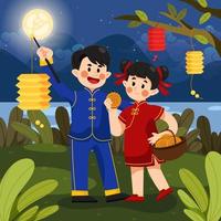 bambini che celebrano la festa di metà autunno con mooncake e lanterne vettore