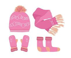 rosa cappello con un' pompon, sciarpa, calzini e muffola impostato a maglia di stagione inverno tradizionale Accessori con ornamento. vettore