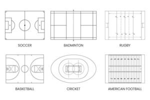 diverso tipi di gli sport campi, calcio, badminton, Rugby, baseball, cricket, americano calcio vettore