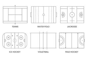 diverso tipi di gli sport campi, tennis, acqua polo, lacrosse, ghiaccio hockey, pallavolo, campo hockey vettore