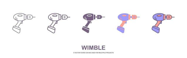 impostato di mano trapano icona con 5 diverso stile. trapano macchina icona per tuttofare concetto. domestico strumento nel cartone animato. elettrico dispositivo per riparatore. arrangiarsi, coclea, bitbrace vettore illustrazione