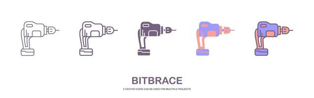 impostato di mano trapano icona con 5 diverso stile. trapano macchina icona per tuttofare concetto. domestico strumento nel cartone animato. elettrico dispositivo per riparatore. arrangiarsi, coclea, bitbrace vettore illustrazione
