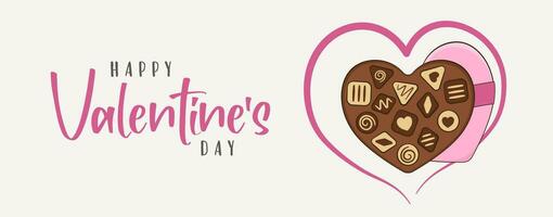 contento San Valentino giorno, scritta. striscione. cioccolato caramella con a forma di cuore scatola vettore