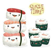 carino Sushi tempo kawaii stile con sorridente viso vettore