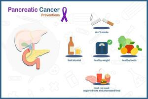 pancreatico cancro prevenzione.mantenere salutare peso, sano cibo, no fumo, limite alcool, ridurre il tuo presa di rosso carne,zuccherato bevanda e elaborato Alimenti. vettore