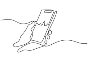 disegno continuo a una linea della mano umana che tiene uno smartphone vettore