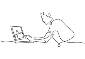 disegno a tratteggio continuo di un uomo seduto con un laptop vettore