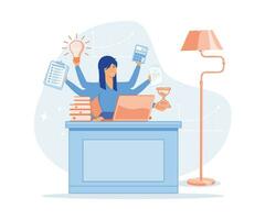 multitasking e tempo gestione concetto, donna nel posto di lavoro con multitasking opera, piatto vettore moderno illustrazione