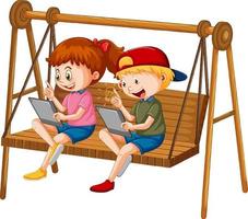 bambini che si appoggiano online con tablet su sedia a dondolo vettore