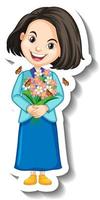 adesivo personaggio dei cartoni animati di una ragazza con bouquet vettore