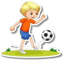 adesivo personaggio dei cartoni animati con un ragazzo che gioca a calcio vettore
