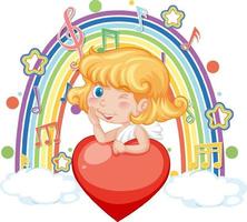 Cupido ragazza che tiene il cuore con i simboli della melodia sull'arcobaleno vettore