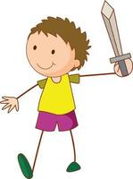 un bambino scarabocchio che tiene un personaggio dei cartoni animati di spada isolato vettore