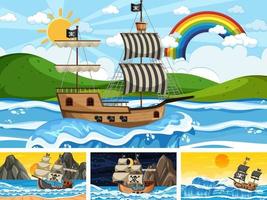sfondo oceano diverso con nave pirata in stile cartone animato vettore