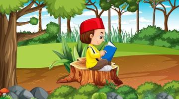 i bambini del Brunei indossano abiti tradizionali e leggono un libro nella foresta vettore