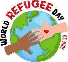 banner della giornata mondiale del rifugiato con le mani sullo sfondo del globo vettore