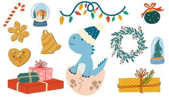 Natale impostato con Drago e nuovo anno elementi. contento Cinese nuovo anno impostato 2024 con carino dinosauro nel un' Santa Claus cappello. animale vacanze cartone animato carattere. vettore mano disegnare illustrazione