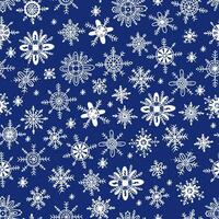 inverno senza soluzione di continuità modello con i fiocchi di neve su blu sfondo. vettore illustrazione nel mano disegnato scarabocchio stile per Natale e nuovo anno disegno, arredamento, sfondo, tessile, confezione e Stampa.