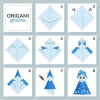 gnomo origami schema lezione in movimento modello. origami per bambini. passo di passo Come per rendere un' carino origami nano. vettore illustrazione.