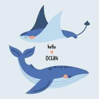 vettore illustrazione con un' carino balena e un' razza. subacqueo animali nel cartone animato stile. Stampa per Abiti. blu isolato sfondo. marino vita. Ciao oceano scritta.