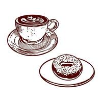 un' tazza di caffè e un' ciambella su un' piattino. vettore illustrazione di cibo nel grafico stile. design elemento per menu di ristoranti, caffè, cibo etichette, copertine, carte.