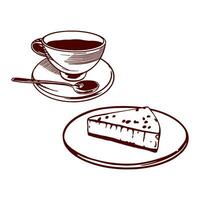 un' tazza di tè e torta di formaggio. vettore illustrazione di cibo nel grafico stile. design elemento per menu di ristoranti, caffè, merenda barre, cibo etichette, copertine.