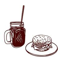 un' bicchiere di succo con un' cannuccia e un' Hamburger. vettore illustrazione di cibo nel grafico stile. design elemento per menu di ristoranti, caffè, cibo etichette, copertine.