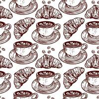 Cornetti, tazza di caffè, caffè fagioli. vettore illustrazione di un' senza soluzione di continuità modello nel grafico stile. design elemento per menu di ristoranti, caffè, cibo etichette, copertine, involucro carta.